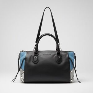 Aimee Kestenberg Leather Satchel Black and Blue Python Snakeskin Trim EUC